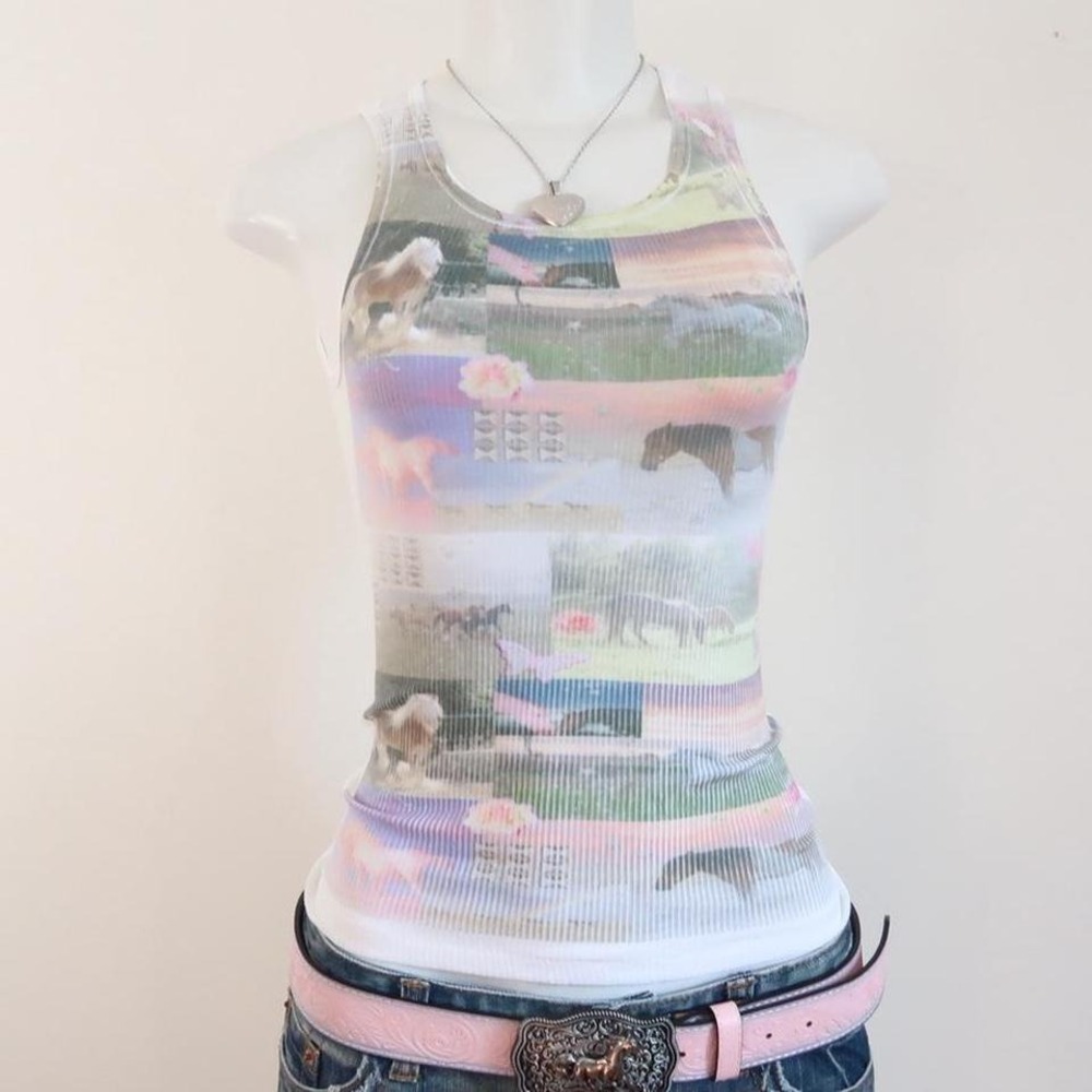 y2k dreamcore horse tank white ribbed graphic baby tee - Picture 5 of 8